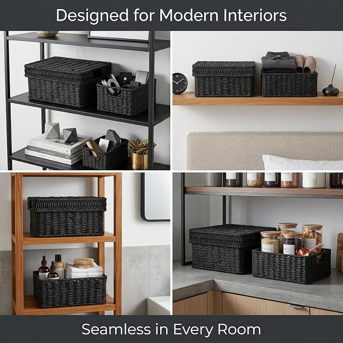 Wicker Storage Basket with Lid for Shelves, 3-Basket Set, Black | One rectangular wicker basket with lid and two open baskets for decorative shelf storage; removable lid flips into a tray.