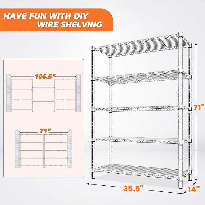 REIBII 5-Tier 1200LBS Metal Shelving, 71" H Adjustable Storage Shelf,Chrome | 19.1mm diameter rods, 240 lbs/shelf, adjustable shelf with leveling feet, tool-free setup,fits kitchen/bathroom