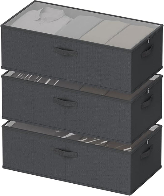 10inch 3 Pack Under Bed Storage Containers, 10 Inch Tall Underbed Clothes Storage Organizer Bin with Clear Window，Foldable Box Basket for Clothes, Closet, Bed Sheets and Blankets Black
