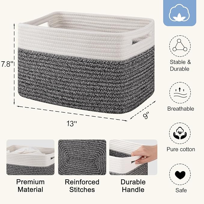 4 Pack Storage Baskets for Organizing, Woven Baskets for Shelves - Perfect for Toys, Books, Towels, and Clothes, Durable Gift Basket Bins Toy Storage, 12.7''Lx9''Wx7.8''H, Black & White