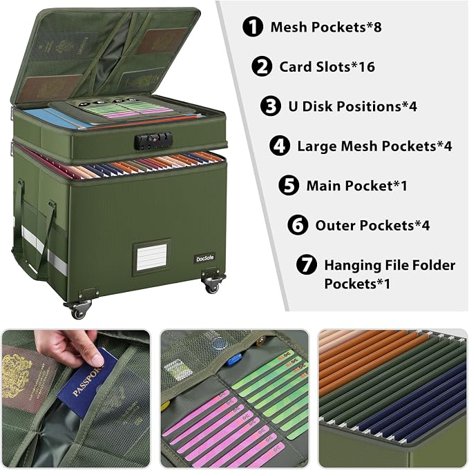 DocSafe File Box with Lock,2-Layer Fireproof Document Box with Wheels,Collapsible Rolling File Storage Organizer with Pockets,Large Portable Home Office Filing Cabinet Safe for Hanging Folders,Green