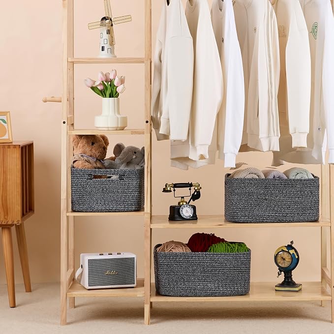 MiniArk Large Storage Baskets for Organizing, 17 x 13 x 7.5” Closet Shelf Baskets for Clothes Blanket Towels, Baby Nursery, Toy Bins Box, Woven Rope Baskets, 4 Packs Dark Gray
