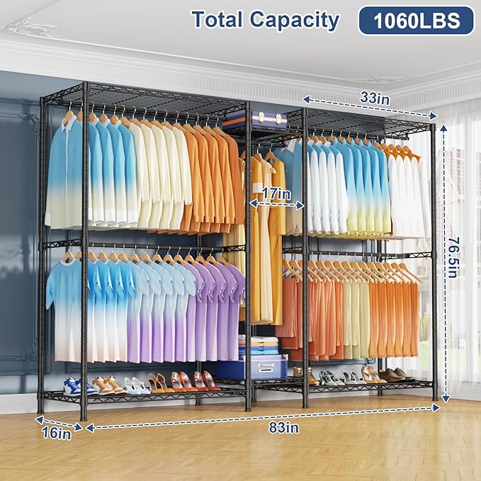 E12 Max Clothes Rack，Heavy Duty Freestanding Garment Rack with Shelves，Metal Clothing Closet Storage System for Hanging Clothes，83" W x 16" D x 76.5" H, Hold 1060 lbs，Black
