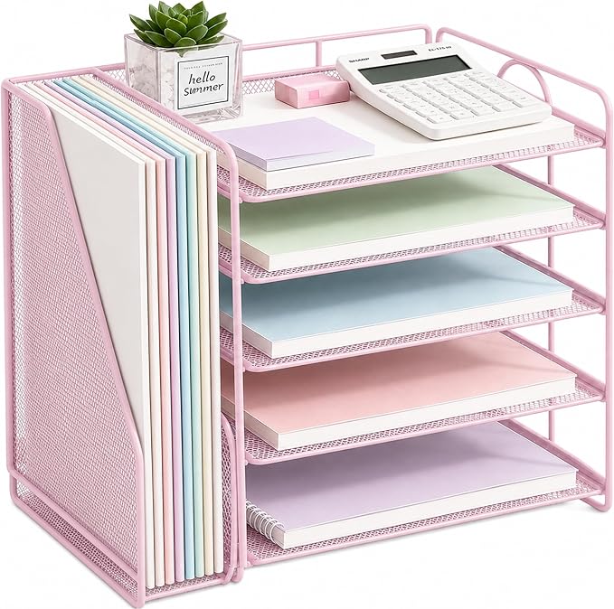 OPNICE Desk Organizer, 5-Tier Paper Organizer Letter Tray with Magazine Holder, Office Desk Accessories & Workspace Organizers, Desktop File Organizer for Office Supplies Storage, Pink
