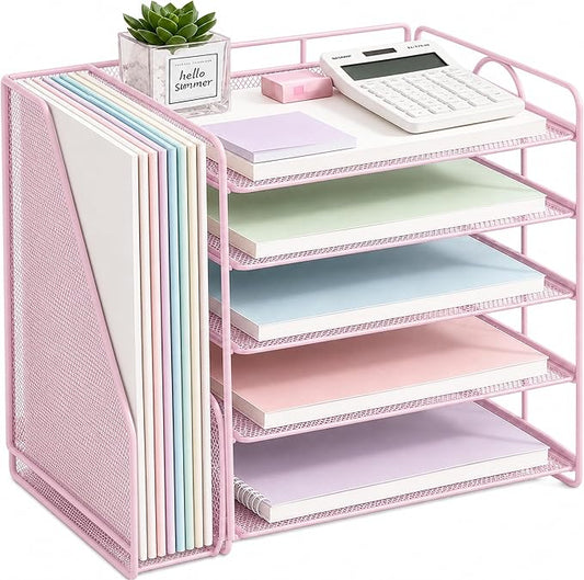 OPNICE Desk Organizer, 5-Tier Paper Organizer Letter Tray with Magazine Holder, Office Desk Accessories & Workspace Organizers, Desktop File Organizer for Office Supplies Storage, Pink