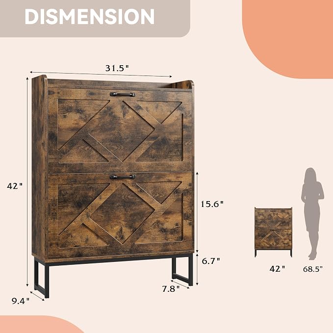 Nicetree Shoe Storage Cabinet with 2 Flip Drawers, Freestanding Wood Shoe Organizer with Metal Legs, Farmhouse Slim Shoe Rack for Entryway, Foyer, Hallway, Rustic Brown