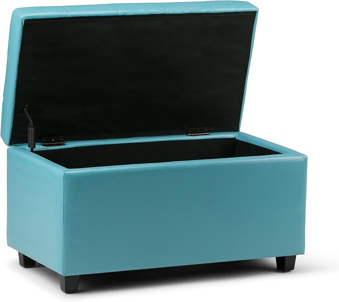 SIMPLIHOME Dover 36" Wide Vegan Leather Storage Ottoman in Grey | Transitional storage ottoman with tufting and lift-up lid; rectangle storage bench for living room or entryway.
