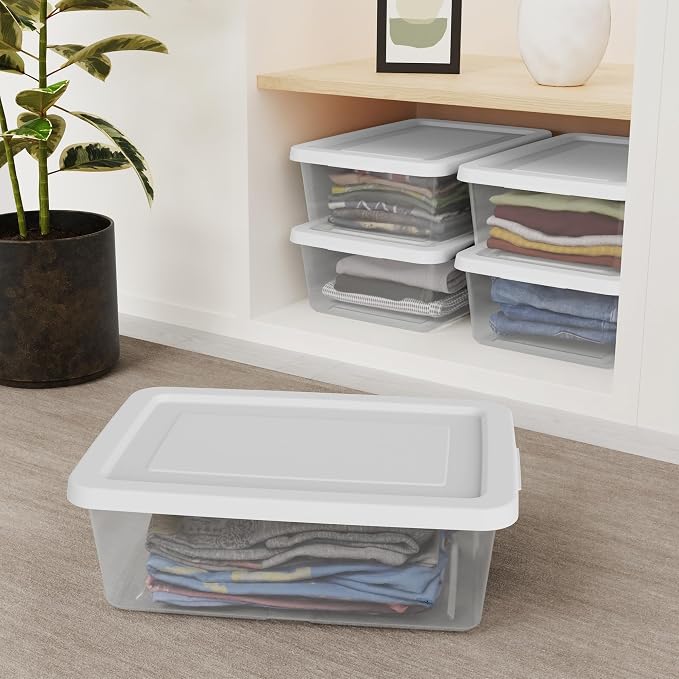 Sterilite 48 Pack Storage Box, 12 Quart Stackable Tote, Clear Plastic Container with Secure Snapping Lids for Home and Office Organization, White