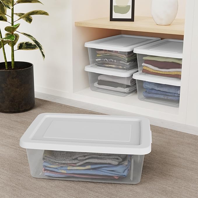 Sterilite Storage Box Stackable Tote, White, 12 Quart, 60 Pack | Clear Plastic Container with Secure Snapping Lids for Home and Office Organization