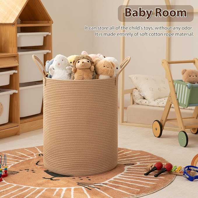 OIAHOMY Large Laundry Basket Hamper - 60L Cotton Rope Woven Basket for Blankets, Toys, Clothes - Tall Decorative Nursery Hamper with Long Handles, Yellow
