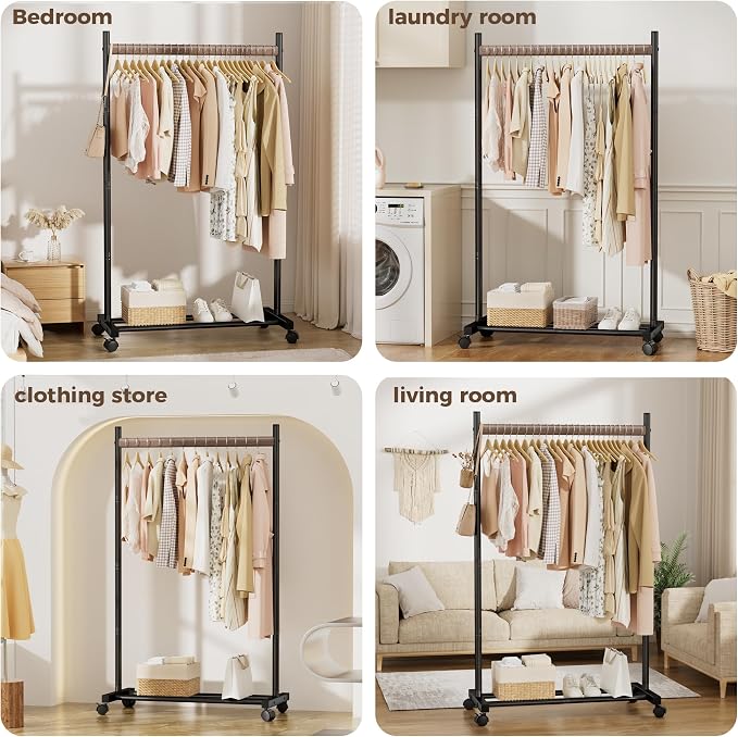 Black Clothing Rack for Hanging Clothes, Portable Rolling Clothes Rack with Wheels, Heavy-Duty Metal Garment Racks with Bottom Shelf, Large Load Capacity & Easy Assembly