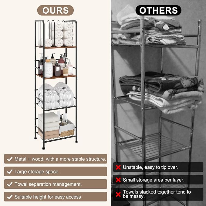 4-Tier Freestanding Towel Racks for Bathroom, Towel Rack Stand | Detachable M-shaped Dividers for Bath Towel Storage Premium Iron & Wood Holder Crafted for Bathroom Organization