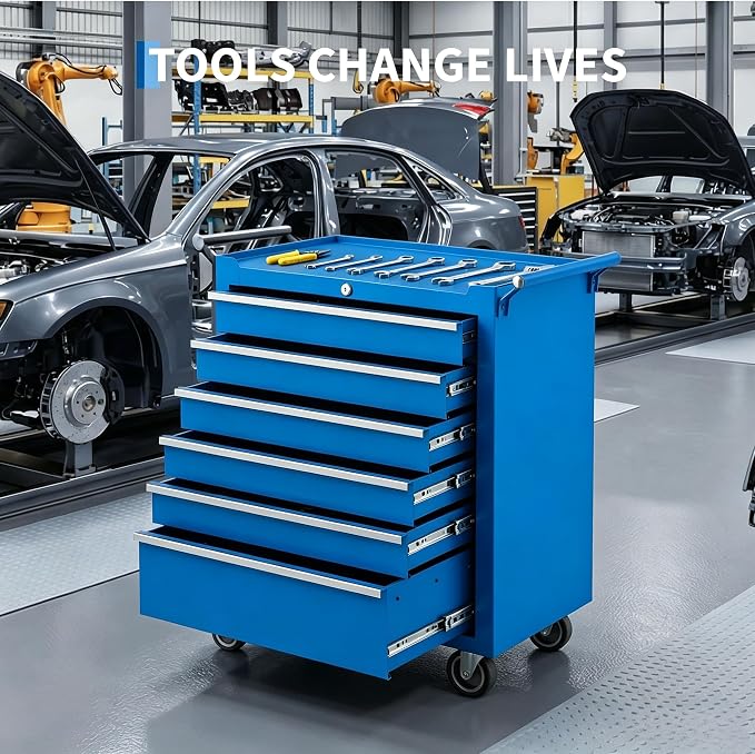 Garvee Rolling Tool Chest, 6 Drawers Tool Storage Cabinet, Toolbox with Wheels, Portable Tool Cabinet Organizer with Locking System & Drawer Liners, Tool Storage Cart for Garage, Workshop, Blue