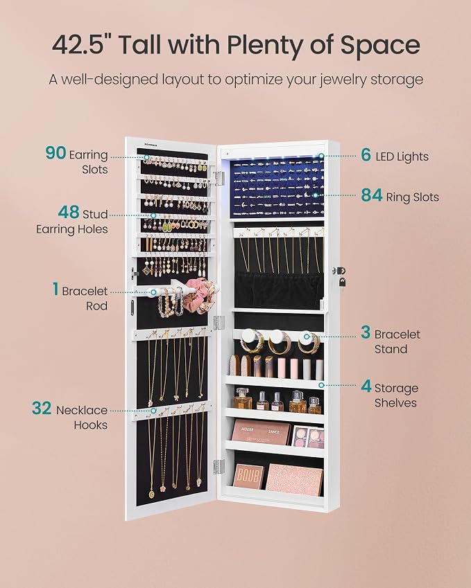 SONGMICS Jewelry Cabinet, Wall or Door Mounted Armoire with Full Length Mirror, Large Capacity Organizer, 6 LED Lights, 42.5 x 3.9 x 14.6 inch, White, BERIT Collection UJJC092W101