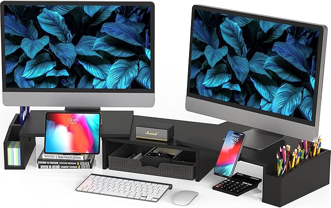 Simple Houseware Desk Dual Monitor Stand Riser with Drawer, Black | Customizable Organizer Tray, Built-In Phone & Tablet Slot and Side Storage