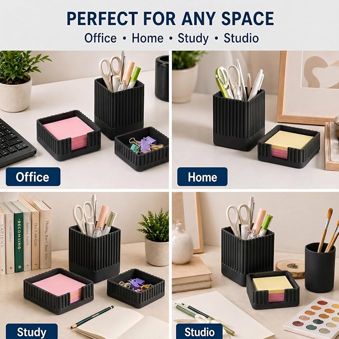 Desk Organizer Set of 3 for Office Accessories - Includes Pen Holder, Paperclip Storage, and Sticky Note Holder - Aesthetic Concrete Desktop Accessories for Women or Men, Office Decor (Black)