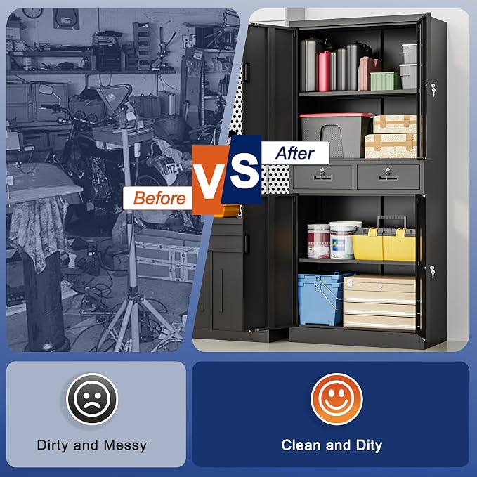 BESFUR Metal Storage Cabinet with 2 Drawers 4 Doors and 2 Adjustable Shelves Garage Storage Cabinet with Lock 71" Office Storage Cabinets Locking Cabinets for Garage Office Shop Home (Black)