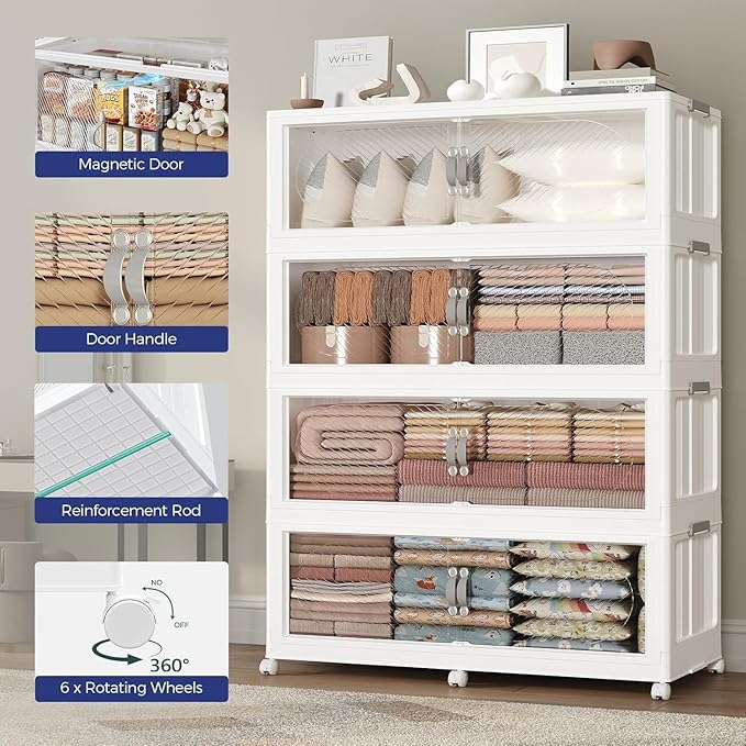 180GAL Plastic Storage Bins with Lid, 720QT Extra Large Stackable Closet Organizers and Storage, Collapsible Storage Boxes with Wheels, Folding Cabinet for Home Kitchen Office, 3Pack White