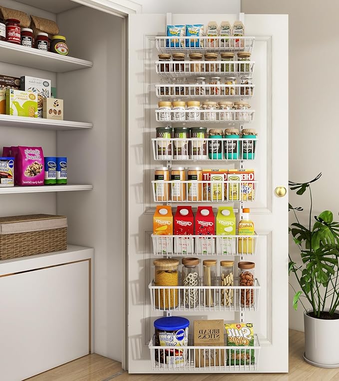 Mefirt White 9-Tier Over The Door Pantry Organizer, Pantry Organization | Pantry Hanging Organizers and Storage, Adjustable Heavy-Duty Metal for Home & Kitchen, Back of Door Seasoning Rack