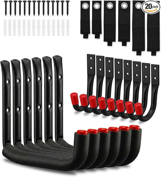20-Piece Garage Storage Hooks System - 6x9.8” Utility Hooks with EVA Padding (50 LB Capacity) + 6 J Hooks & 6 Storage Straps, Wall Mount Organizer for Ladder, Bike, Tools and Garage Organization