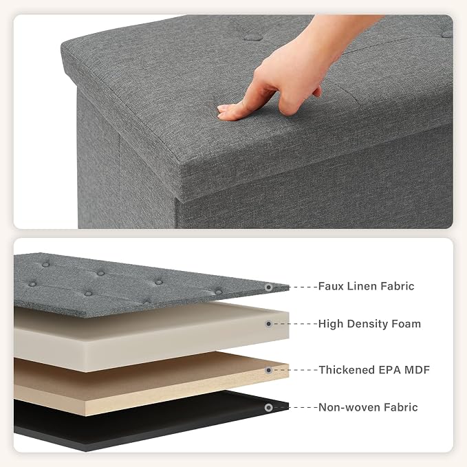 PINPLUS Folding Storage Ottoman Bench, Grey Linen Long Ottoman Chest Foot Rest Stool with Padded Seat, Chest with Cover, Bedroom Bench with Storage, 43.3inches