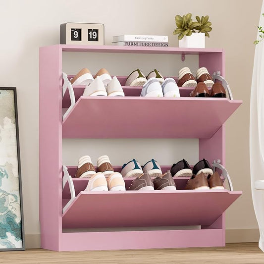 BORNOON Shoe Cabinet with 2 Flip Drawers, Slim Narrow Shoe Storage Cabinet, Freestanding Shoe Organizer with Adjustable & Removable Shelves, Top Display Shelf for Entryway, Hallway, Foyer, Closet