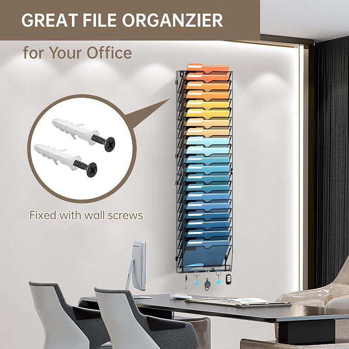 21-Tier Hanging Wall File Organizer with Hooks for Office Organization | Mesh Wall File Holder, Mail Organizer Wall Mounted for Papers, Documents, Folders and Magazines in Home Office, Classroom