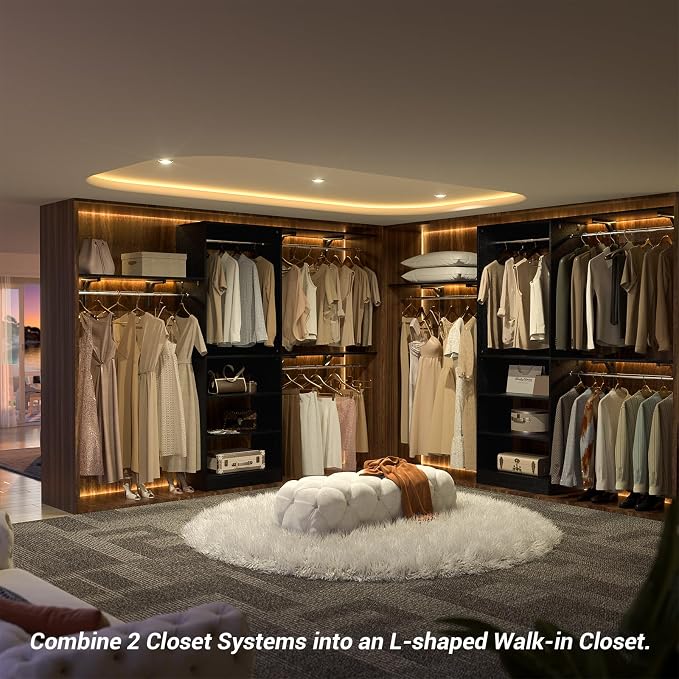 8FT Closet System with 3 Wooden Storage Shelves, 96'' Closet Organizer System with 3 Hanging Rods, Wall Mount Bedroom Wardrobe Walk-in Closet, Adjustable Garment Rack from 5 to 8FT (Cut to Fit), Black