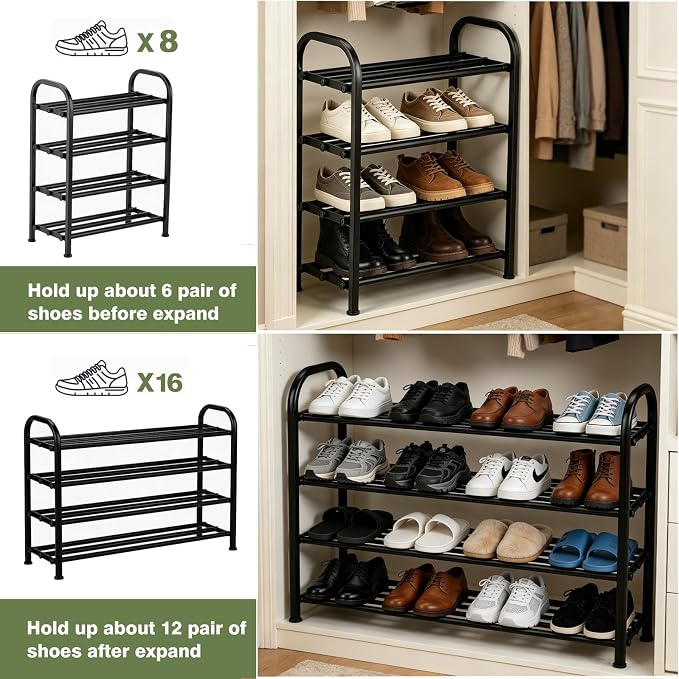4-Tier Expandable Shoe Rack, Stackable and Adjustable Shoes Organizer Storage Shelf, Sturdy and Durable Metal Structure Free Standing Shoe Rack for Closet Entryway Doorway