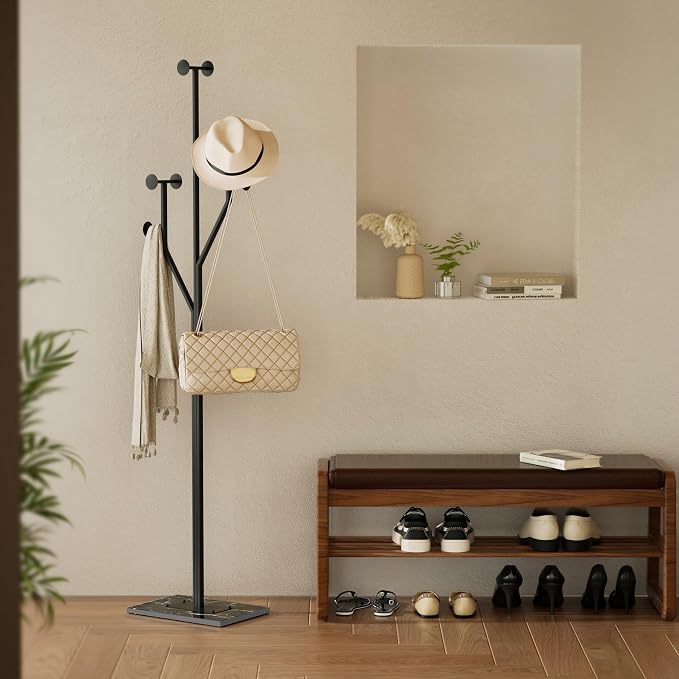 Coat Rack Stand, Freestanding Metal Coat Rack with Sturdy Marble Base, Modern Standing Coat Rack Tree with 8 Hooks for Entryway, Bedroom, Office & Hallway, Space-Saving Design, Black, 68.9 Inches Tall