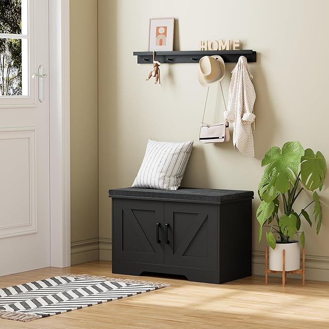 HOMSHO Farmhouse Shoe Storage Bench with 2 Barn Doors & Padded Seat Cushion | 27.6" Wide Entryway Bench with Adjustable Shelves & Hidden Storage, Black