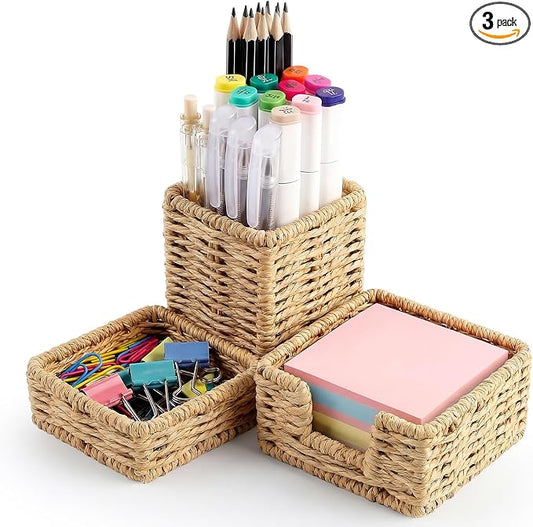 Khaki Paper Rope Woven Desk Organizer Set of 3 Natural Desktop Accessories Pencil Pen Cup Paper Clip Storage and Sticky Note Holder for Women Men Farmhouse Office Home Desktop Table Decor