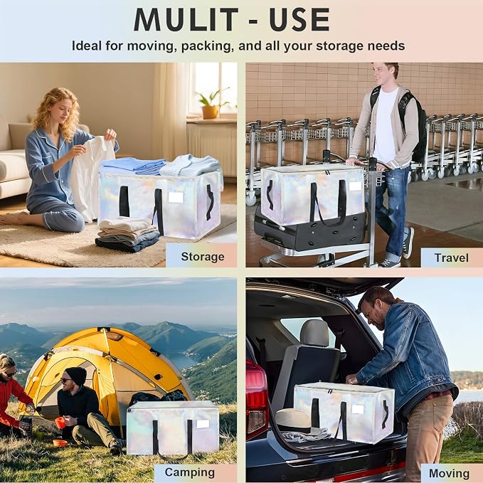 12 Pack-Extra Large Heavy Duty Moving Bags - Waterproof Storage Totes with Handles & Zippers, Foldable for College Dorm, Storage (Shiny Color)