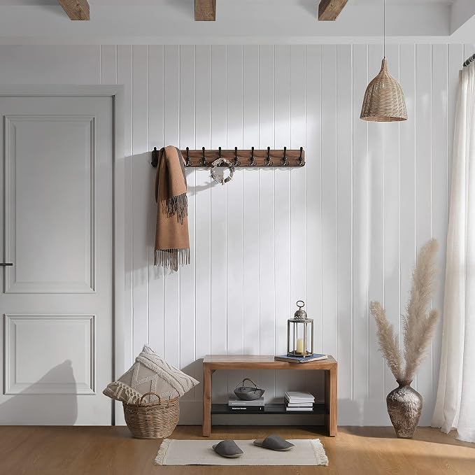 SKOLOO Rustic Coat Rack Wall Mount, 10 Hooks, 38.6'' Long, Brown, Pack of 2 | Rustic finish, 100 lb capacity, entryway bedroom mudroom, wall mount, 16" stud spacing, hardware included, rustproof hooks