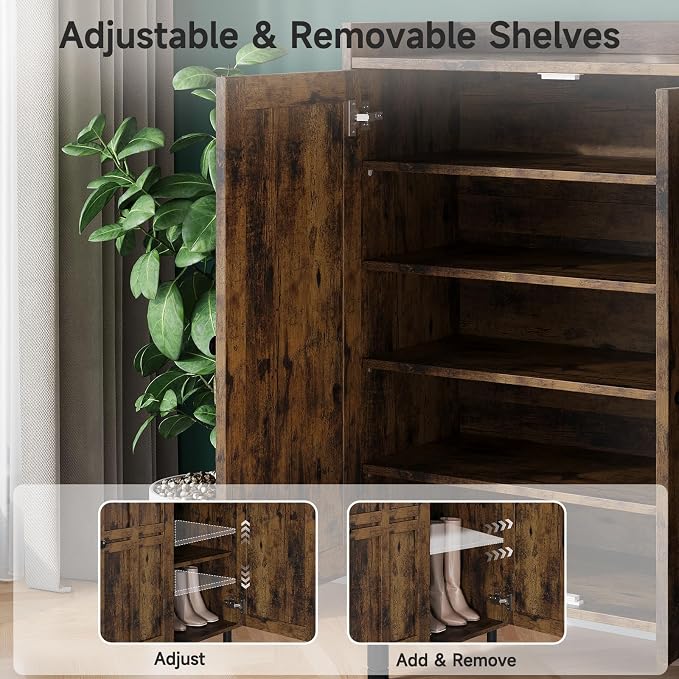 Shoe Storage Cabinet with 3 Doors, 8-Tier Shoe Cabinet with 5 Adjustable Shelves and Metal Legs, 40'' Tall Shoe Rack Organizer Cabinet for Entryway, Front Door, Rustic Brown