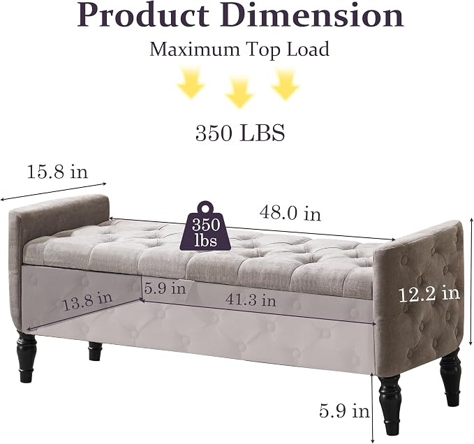 Royal Windsor 48" Ottoman with Storage,Tufted Storage Bench with Safety Hinge,Holds up to 350 lb,Black Wood Legs,Upholstered Bench with Arms for Bedroom,Living Room,Entryway,Linen Light Gray