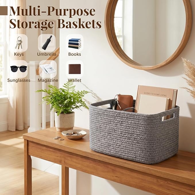 OIASKET 4Packs Natural Cotton Rope Storage Baskets for Organizing Toys, Clothes, Towels & Books, Soft Versatile Organizers for Shelves, Home Decorative Bins, 13''Lx9''Wx7.8''H, Grey