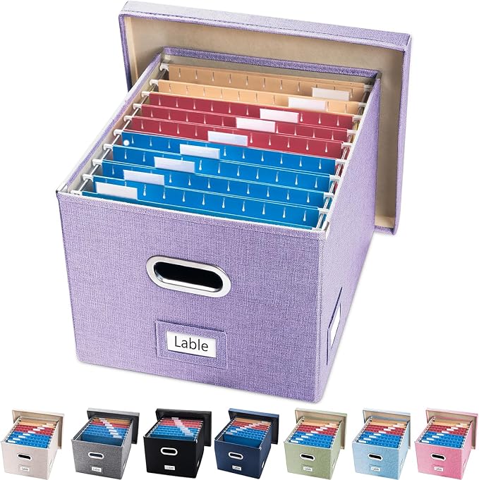 File Organizer Box - Set of 1 Collapsible Decorative Linen Filing Storage Hanging File Folders with Lids Office Cabinet Letter/Legal Purple (17x14x11.2 inch)