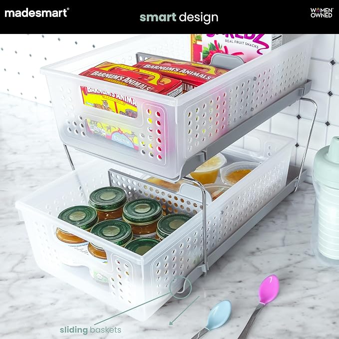 madesmart Two Tier Pull Out Organizer with Dividers, Frost
