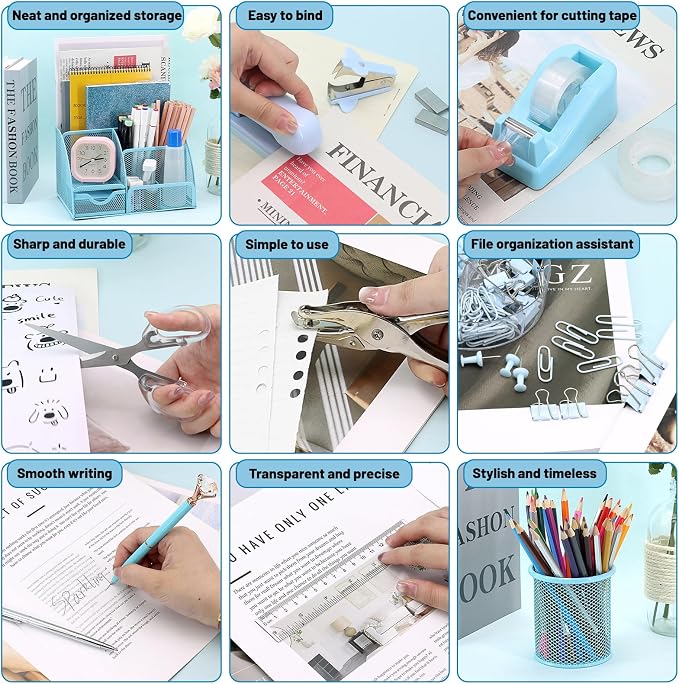 13-in-1 Office Desk Organizer Set with Stapler and Tape Dispenser, Pen Holder, Scissors, Ruler, Hole Punch, 2 Pens & More Desktop Accessories for Back to School Supplies (Blue)