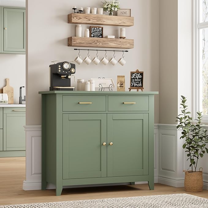 HORSTORS Farmhouse Kitchen Storage Cabinet, Small Buffet, Coffee Bar, Green | Buffet Sideboard with 2 Drawers & 2 Doors, 35.8"W Coffee Table, Sapce-saving Kitchen Cabinet for Dining Living Room, Entryway