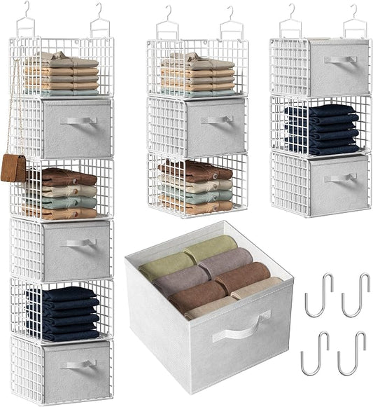 Closet Hanging Organizer with Drawers, 6 Tier Metal Closet Organizers and Storage with 4 Hanging Hooks 4 S-Hooks for Wardrobe Laundry Room, Wire Storage Shelf for Clothes Sweaters Pants (White)