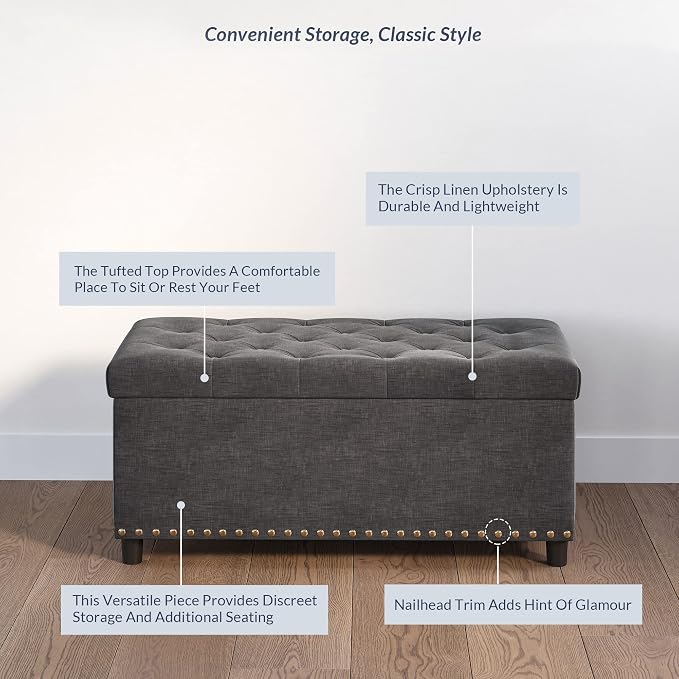 BELLEZE Storage Ottoman, Tufted Ottoman with Close Hinge, Foot Rest for Living Room (Dark Gray, 31 inch)