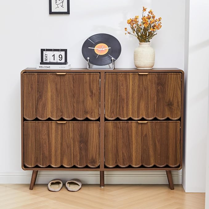 Shoe Storage Cabinet for Entryway with 4 Flip Drawers, Freestanding Narrow Wood Shoe Cabinet with Wave Panel, Hidden Shoe Organizer for Foyer, Hallway (Walnut)