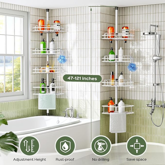 HAMITOR Corner Shower Caddy Tension Pole: Rustproof Bathroom Organizer Shelves for Bathtub Shampoo Accessories Storage Holder - 47.72-123.6 Inch Adjust - White