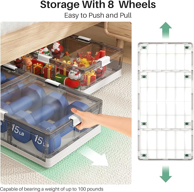 Kitstorack Plastic Under Bed Storage Containers,2 Pack Underbed Storage with Wheels,Foldable and Stackable Under Bed Organizer,Moisture and Dust-proof Storage Boxes for Clothes Shoes,13.6 Gal