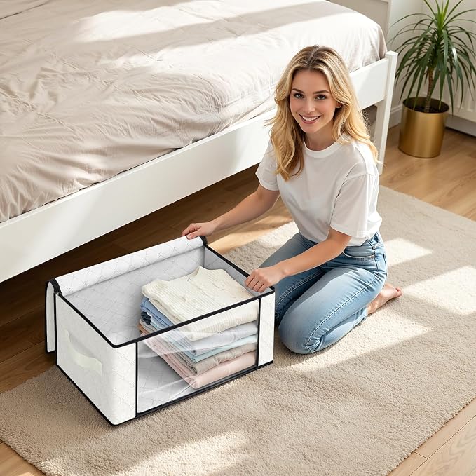 Fab totes 35L Closet Organizers and Storage, Foldable Under Bed Storage Containers, Storage bags for Organizing Bedroom, Closet, Clothing,Organization with Handle (6 Pack,Ivory)