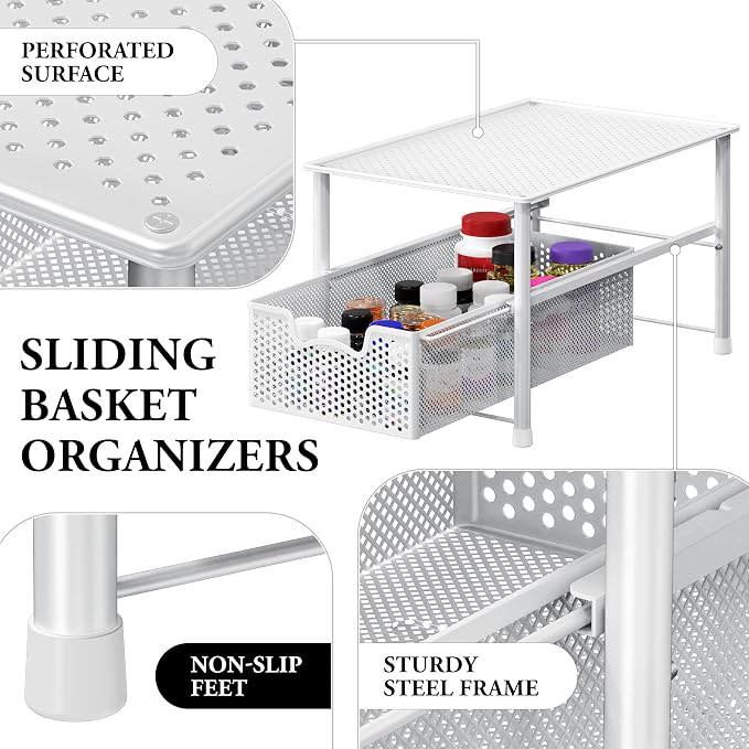 Simple Houseware Stackable Under Sink Sliding Basket Drawer, White | Perforated Free Standing Organizer, Kitchen/Pantry/Cabinet/Counter