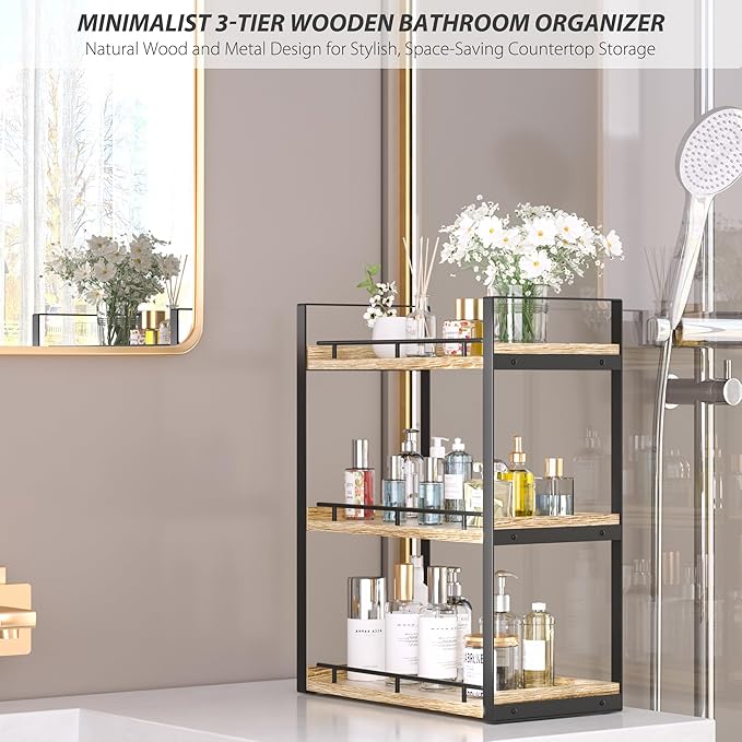 Bathroom Counter Organizer, 3 Tier Wood Countertop Shelf | for Vanity, Skincare, Makeup, Coffee Storage, Wood Shelves, Durable Metal Bracket, for Bathroom Sink, Kitchen (Rustic Brown)