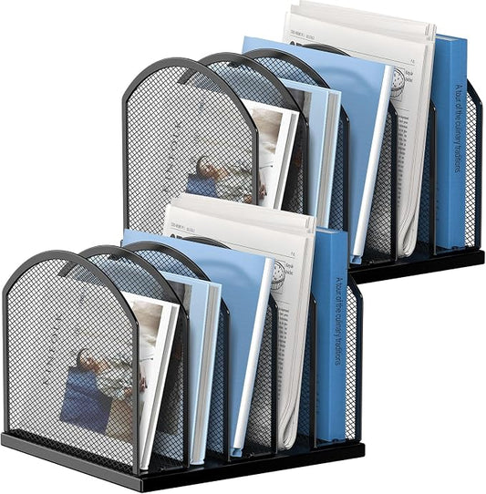 2 Pack Gawerk 5-Section Vertical Desktop Organizer, 5-Section Mesh File Folder Stand Sorter for Office Home Classroom Organization, Black
